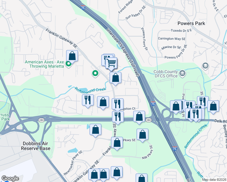map of restaurants, bars, coffee shops, grocery stores, and more near 4062 Kingston Court in Marietta