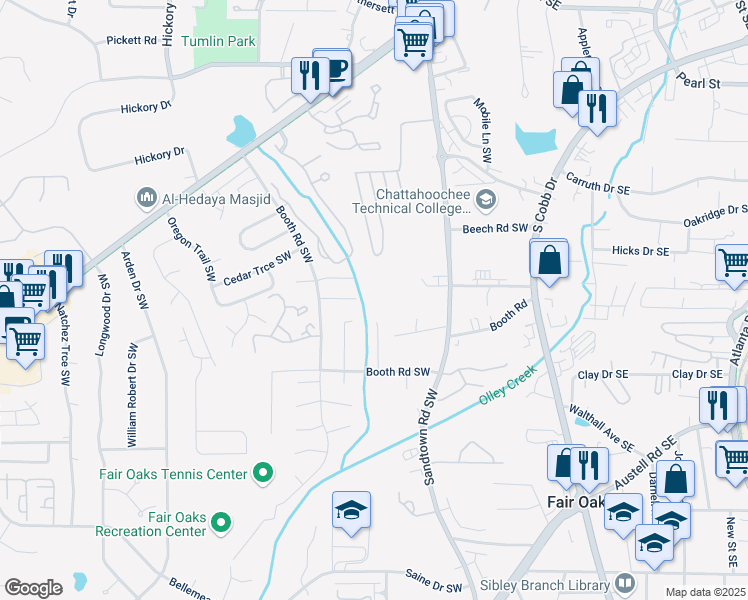 map of restaurants, bars, coffee shops, grocery stores, and more near 264 Juliet Lane Southwest in Marietta