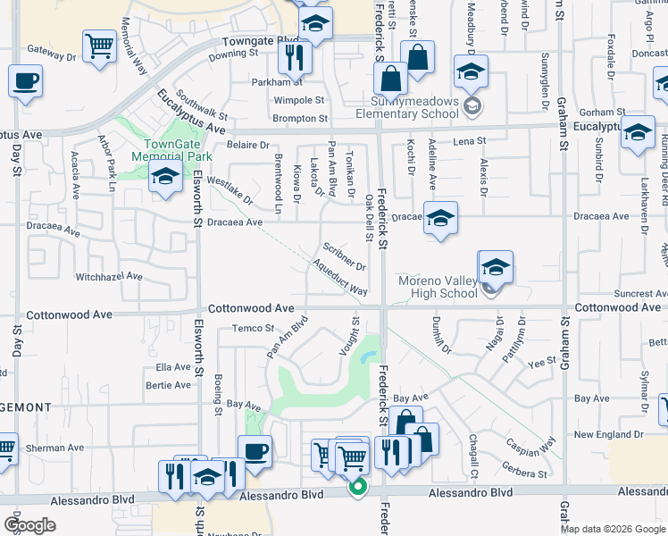 map of restaurants, bars, coffee shops, grocery stores, and more near 22880 Aqueduct Way in Moreno Valley