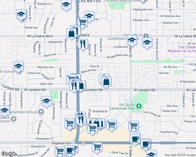 map of restaurants, bars, coffee shops, grocery stores, and more near 1675 West Lambert Road in La Habra