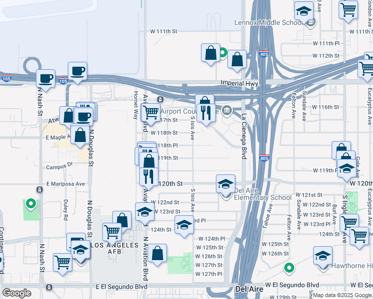 map of restaurants, bars, coffee shops, grocery stores, and more near 5414 West 118th Place in Inglewood