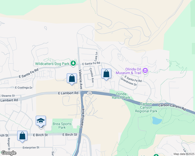 map of restaurants, bars, coffee shops, grocery stores, and more near 3701 Hawks Drive in Brea