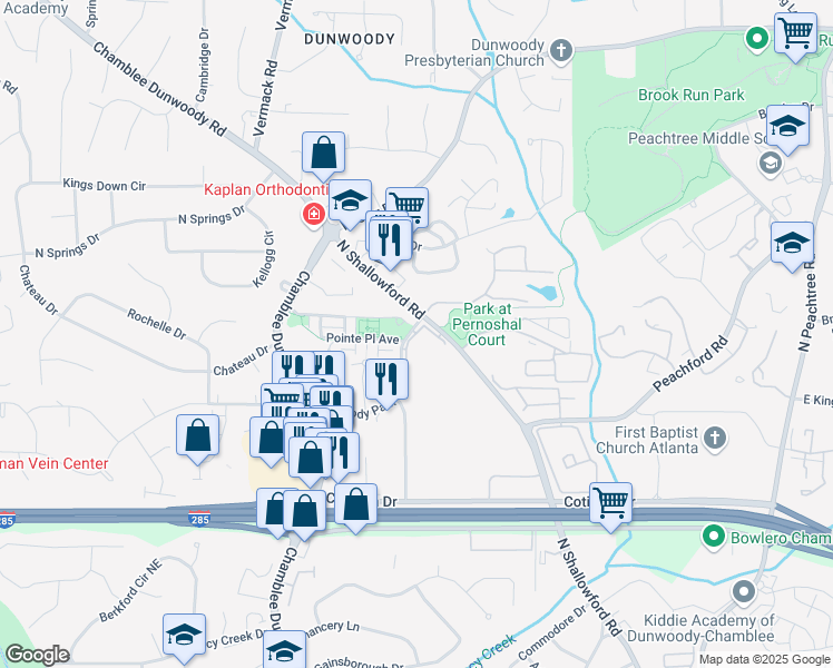 map of restaurants, bars, coffee shops, grocery stores, and more near Azalea Garden Drive in Dunwoody