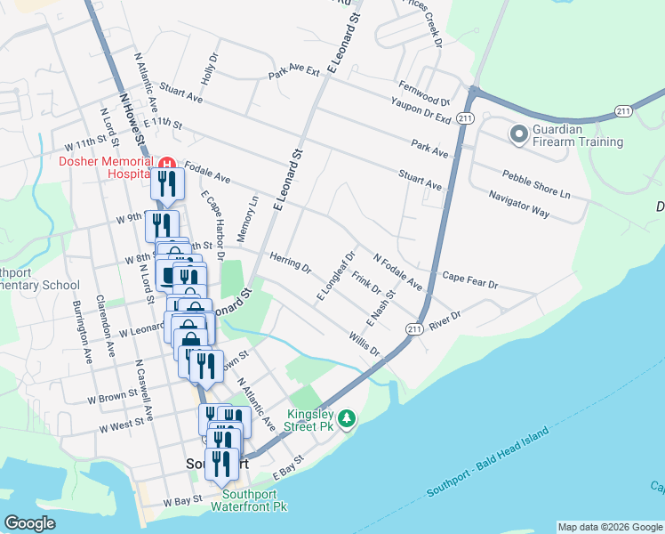 map of restaurants, bars, coffee shops, grocery stores, and more near 700-708 E Longleaf Dr in Southport