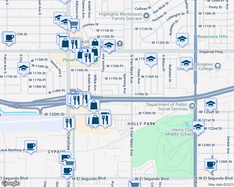 map of restaurants, bars, coffee shops, grocery stores, and more near 11841 Daphne Avenue in Hawthorne