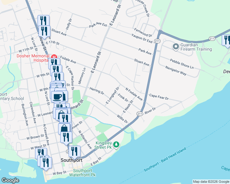 map of restaurants, bars, coffee shops, grocery stores, and more near 708 East Longleaf Drive in Southport