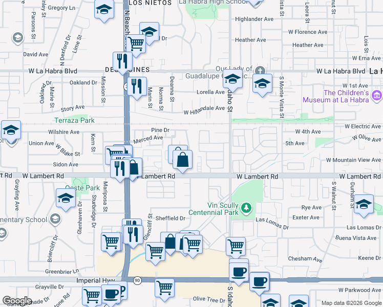 map of restaurants, bars, coffee shops, grocery stores, and more near 1491 West Lambert Road in La Habra