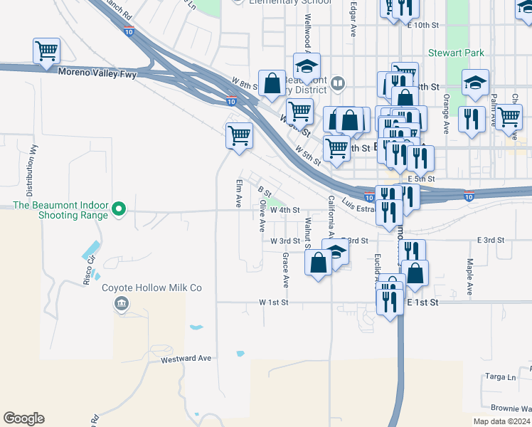 map of restaurants, bars, coffee shops, grocery stores, and more near 395 West 4th Street in Beaumont