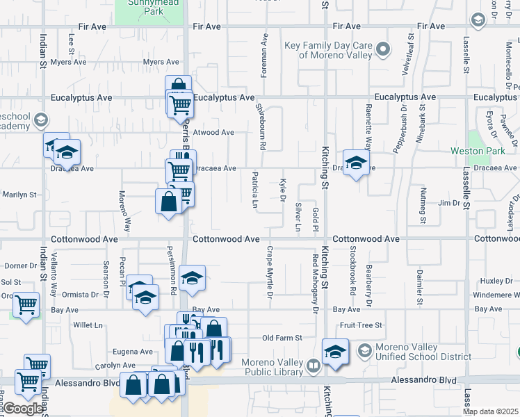 map of restaurants, bars, coffee shops, grocery stores, and more near 25264 Drake Drive in Moreno Valley