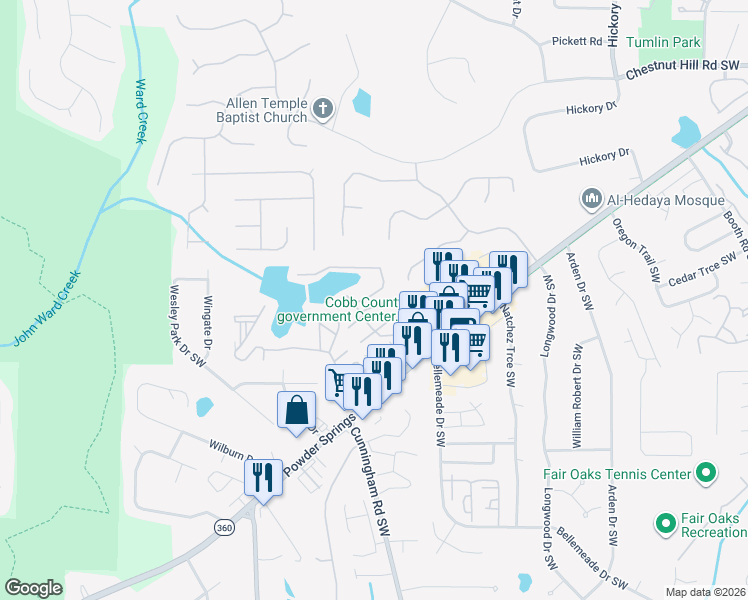 map of restaurants, bars, coffee shops, grocery stores, and more near 767 Reeves Lake Drive Southwest in Marietta