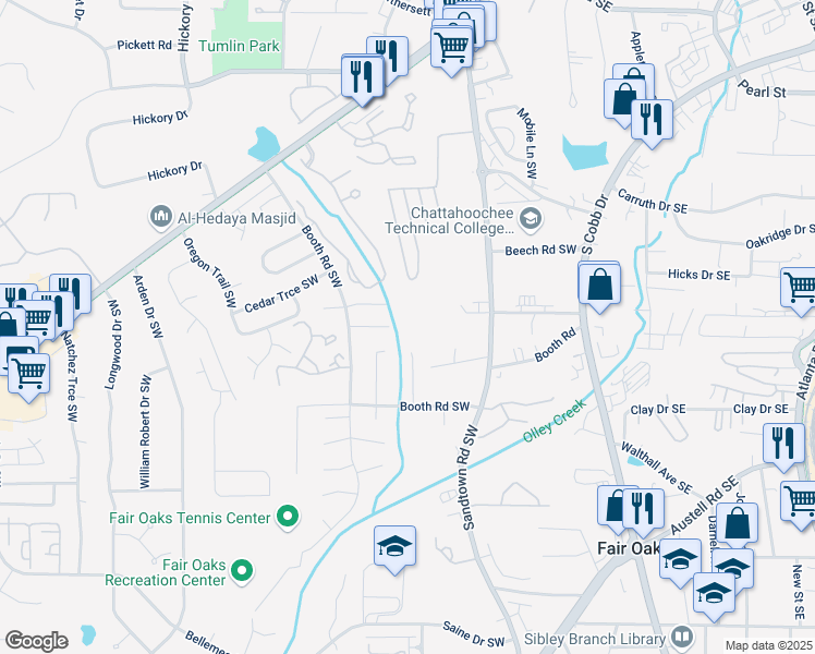 map of restaurants, bars, coffee shops, grocery stores, and more near 264 Juliet Lane Southwest in Marietta