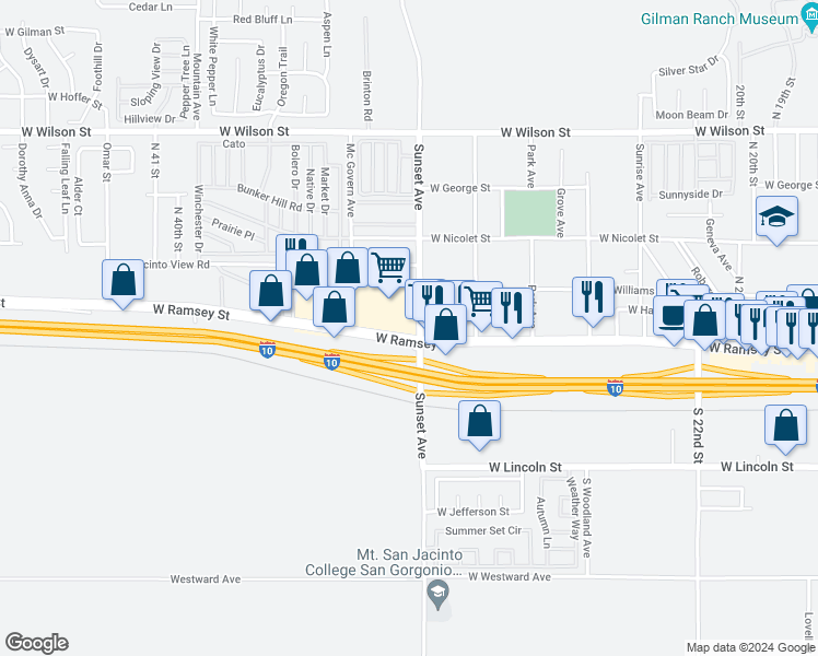 map of restaurants, bars, coffee shops, grocery stores, and more near 3251 West Ramsey Street in Banning