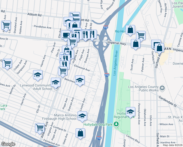 map of restaurants, bars, coffee shops, grocery stores, and more near 11129 1/2 Louise Avenue in Lynwood