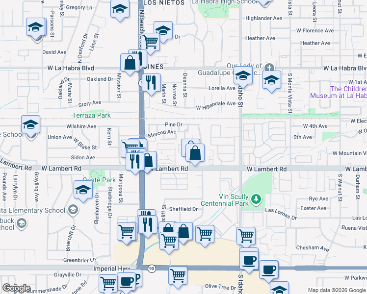 map of restaurants, bars, coffee shops, grocery stores, and more near 1655 West Lambert Road in La Habra