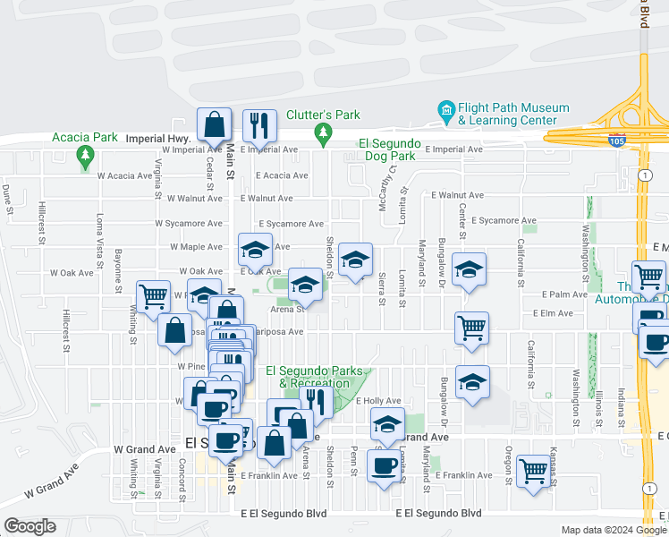 map of restaurants, bars, coffee shops, grocery stores, and more near 736 Sheldon Street in El Segundo