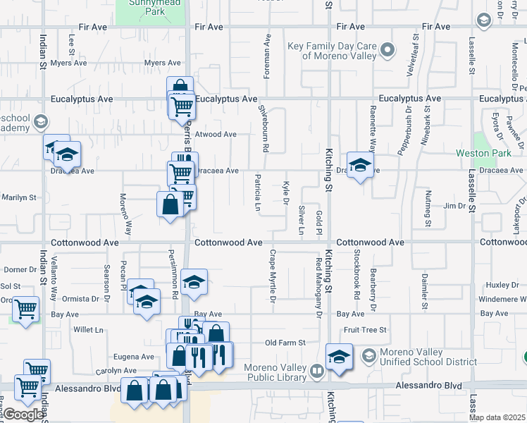 map of restaurants, bars, coffee shops, grocery stores, and more near 25264 Drake Drive in Moreno Valley