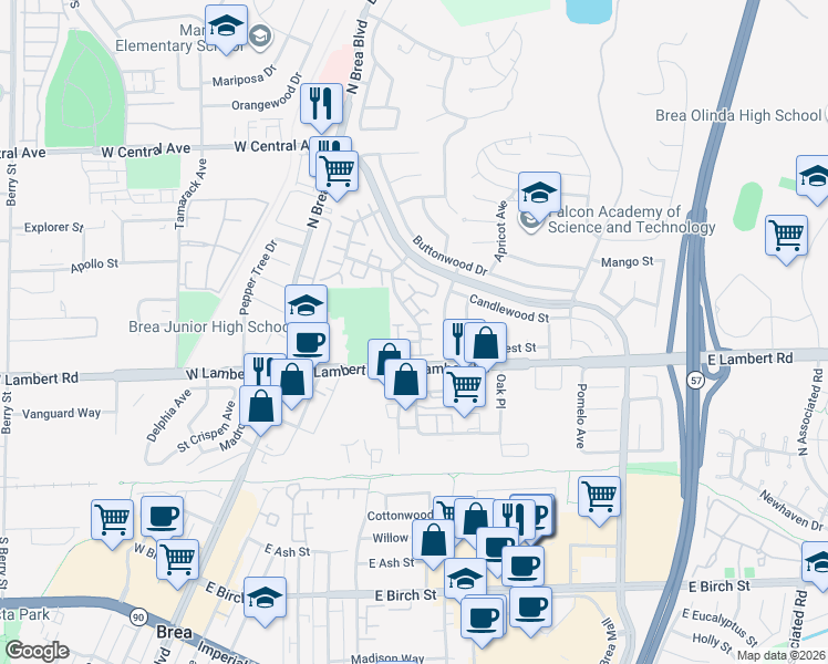 map of restaurants, bars, coffee shops, grocery stores, and more near 329 Surry Court in Brea