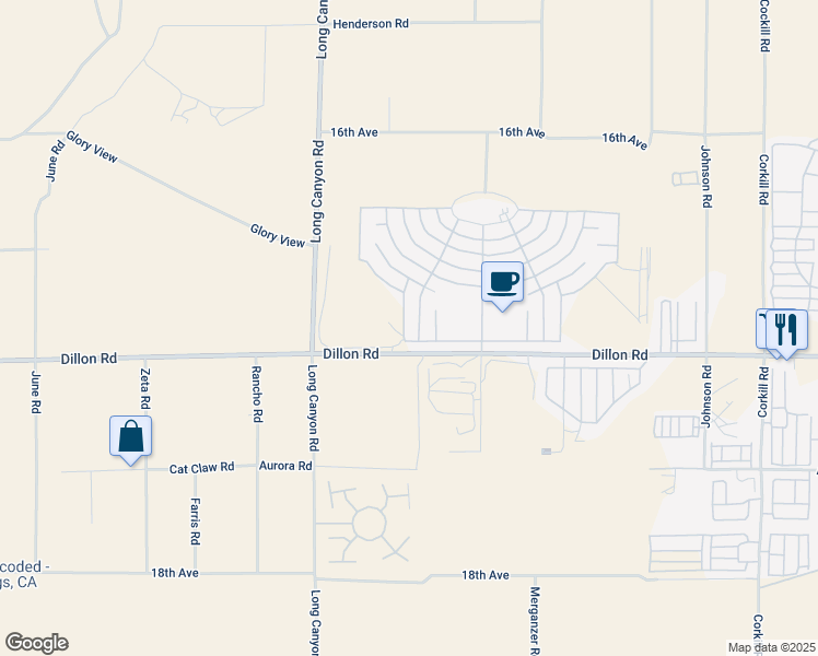 map of restaurants, bars, coffee shops, grocery stores, and more near 16910 Calle Casita in Desert Hot Springs