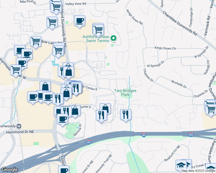 map of restaurants, bars, coffee shops, grocery stores, and more near 100 Perimeter Trace East in Atlanta