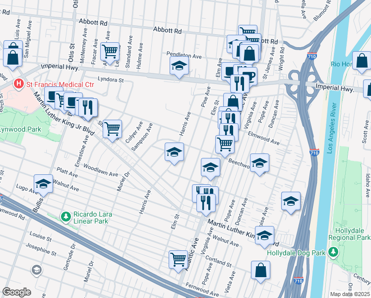 map of restaurants, bars, coffee shops, grocery stores, and more near 4225 Sanborn Avenue in Lynwood