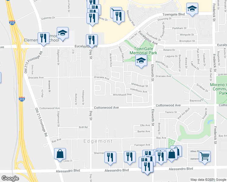 map of restaurants, bars, coffee shops, grocery stores, and more near 13375 Cherrylaurel Avenue in Moreno Valley