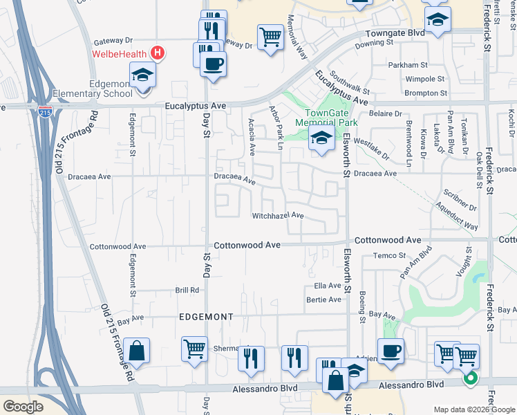map of restaurants, bars, coffee shops, grocery stores, and more near 13375 Cherrylaurel Avenue in Moreno Valley