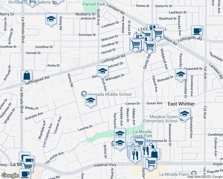 map of restaurants, bars, coffee shops, grocery stores, and more near 11815 Penford Drive in Whittier