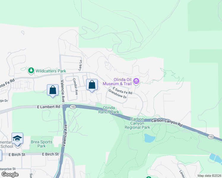 map of restaurants, bars, coffee shops, grocery stores, and more near 3909 Grandview Drive in Brea