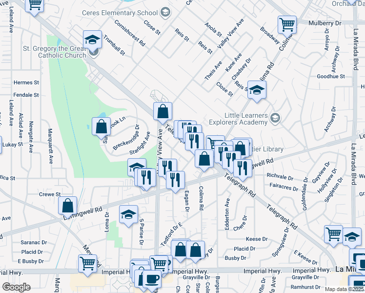 map of restaurants, bars, coffee shops, grocery stores, and more near 14320 Telegraph Road in Whittier