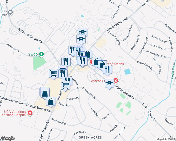 map of restaurants, bars, coffee shops, grocery stores, and more near 110 Viking Court in Athens
