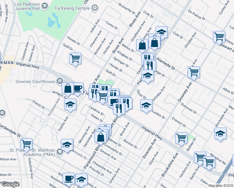 map of restaurants, bars, coffee shops, grocery stores, and more near 7931 Leeds Street in Downey