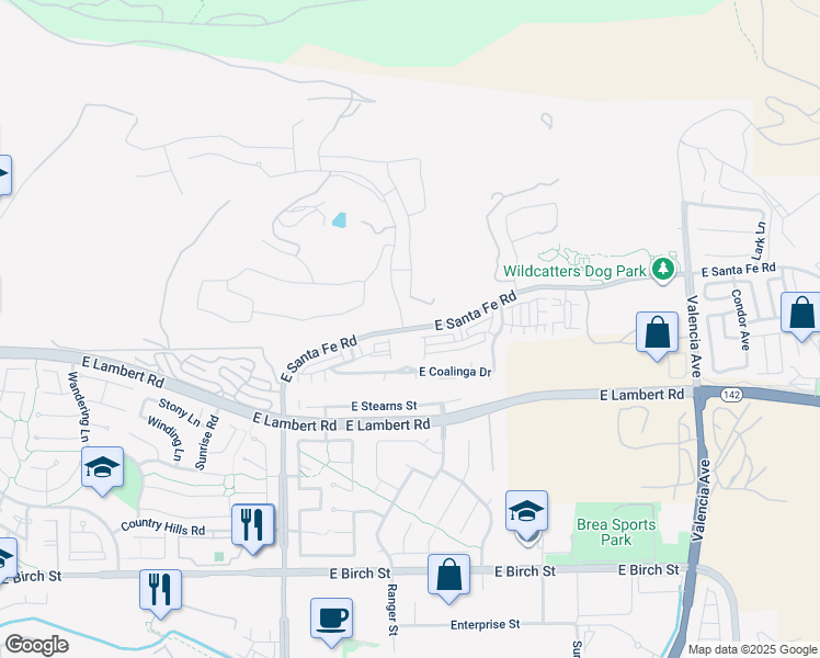 map of restaurants, bars, coffee shops, grocery stores, and more near 2980 East Santa Fe Road in Brea