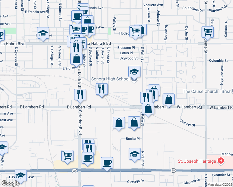 map of restaurants, bars, coffee shops, grocery stores, and more near 615 South Palm Street in La Habra
