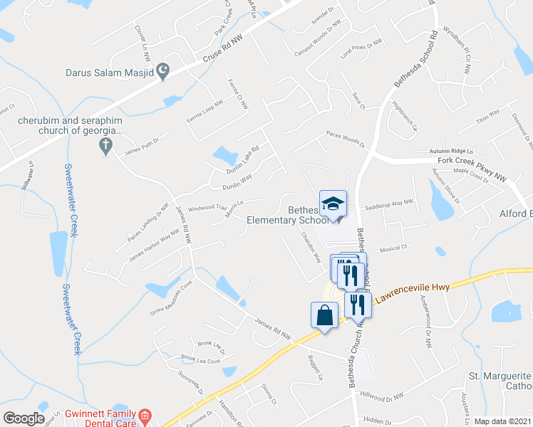 map of restaurants, bars, coffee shops, grocery stores, and more near 3015 Windwood Trail in Lawrenceville