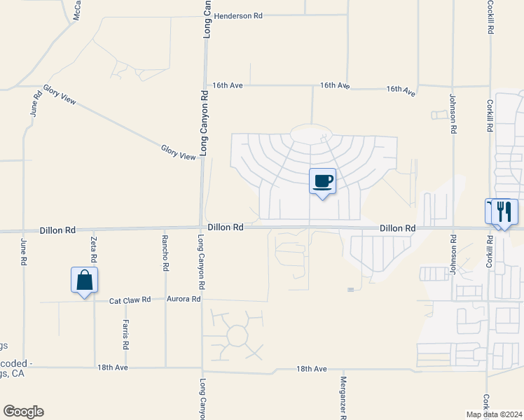 map of restaurants, bars, coffee shops, grocery stores, and more near 16910 Calle Casita in Desert Hot Springs