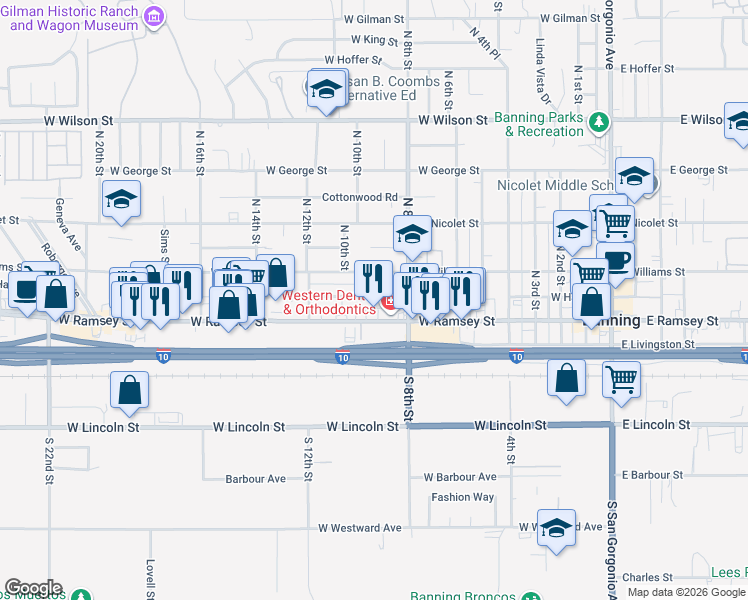 map of restaurants, bars, coffee shops, grocery stores, and more near 991 West Ramsey Street in Banning