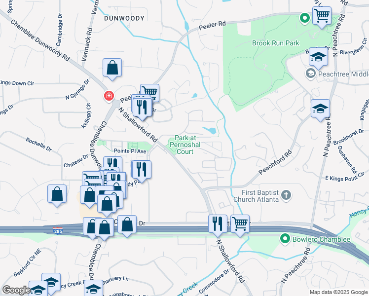 map of restaurants, bars, coffee shops, grocery stores, and more near 2062 Pernoshal Court in Dunwoody