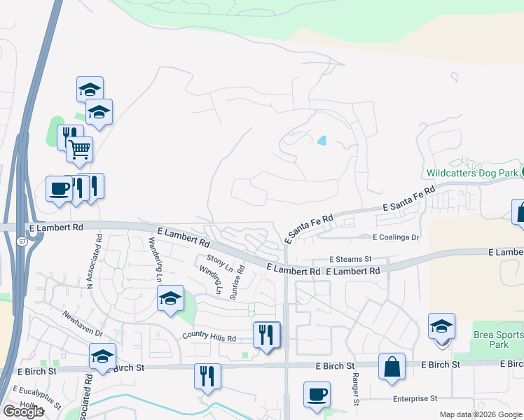 map of restaurants, bars, coffee shops, grocery stores, and more near 2488 East Kern River Lane in Brea