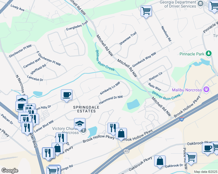 map of restaurants, bars, coffee shops, grocery stores, and more near 5703 Kimberly Lane Northwest in Norcross