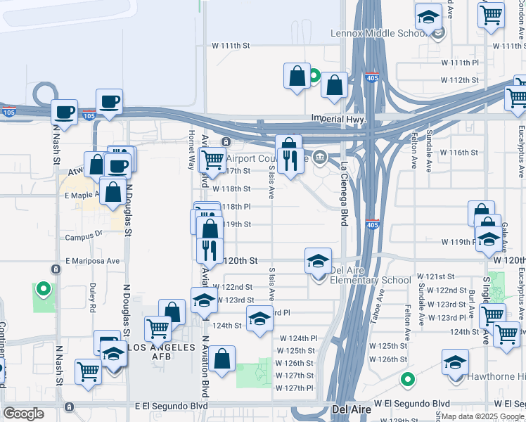 map of restaurants, bars, coffee shops, grocery stores, and more near 5414 West 118th Place in Inglewood