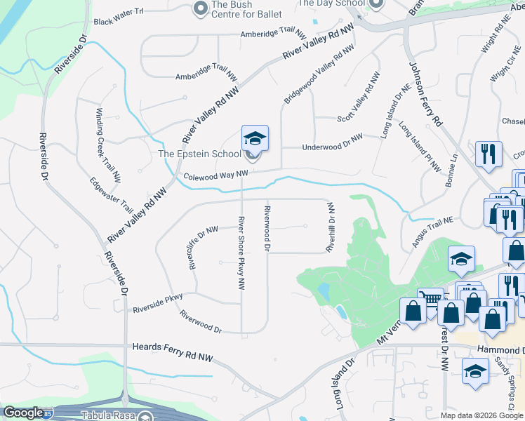 map of restaurants, bars, coffee shops, grocery stores, and more near 6245 River Shore Parkway Northwest in Atlanta