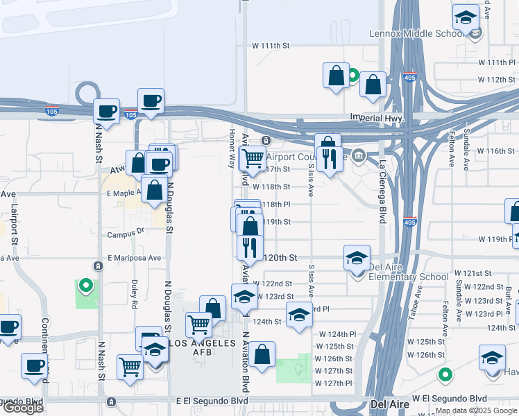 map of restaurants, bars, coffee shops, grocery stores, and more near 5526 West 118th Place in Inglewood