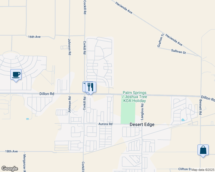map of restaurants, bars, coffee shops, grocery stores, and more near 70200 Dillon Road in Desert Hot Springs