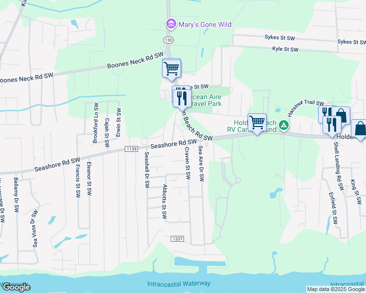 map of restaurants, bars, coffee shops, grocery stores, and more near 1872 Shelby Lane Southwest in Brunswick