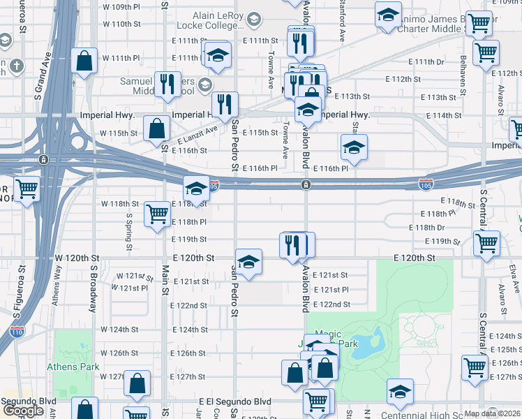 map of restaurants, bars, coffee shops, grocery stores, and more near 358 East 118th Place in Los Angeles