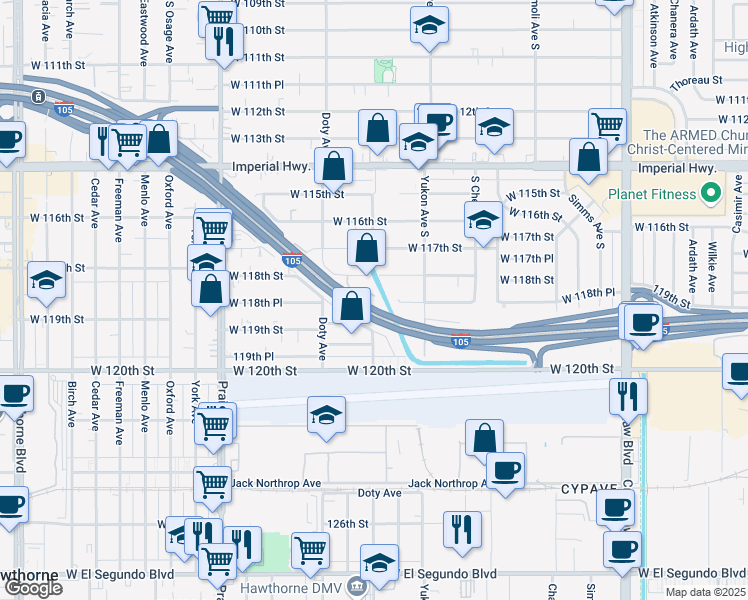 map of restaurants, bars, coffee shops, grocery stores, and more near 3748 West 118th Street in Hawthorne