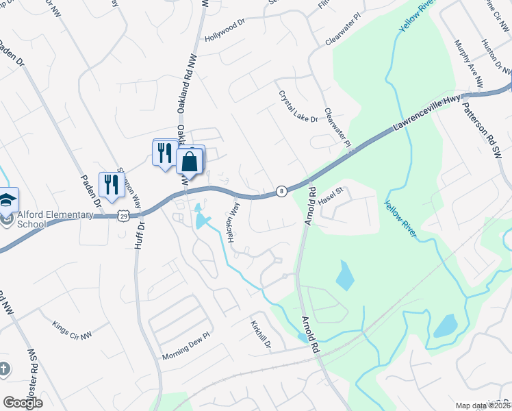 map of restaurants, bars, coffee shops, grocery stores, and more near 2595 Arnold Mill Road Northwest in Lawrenceville