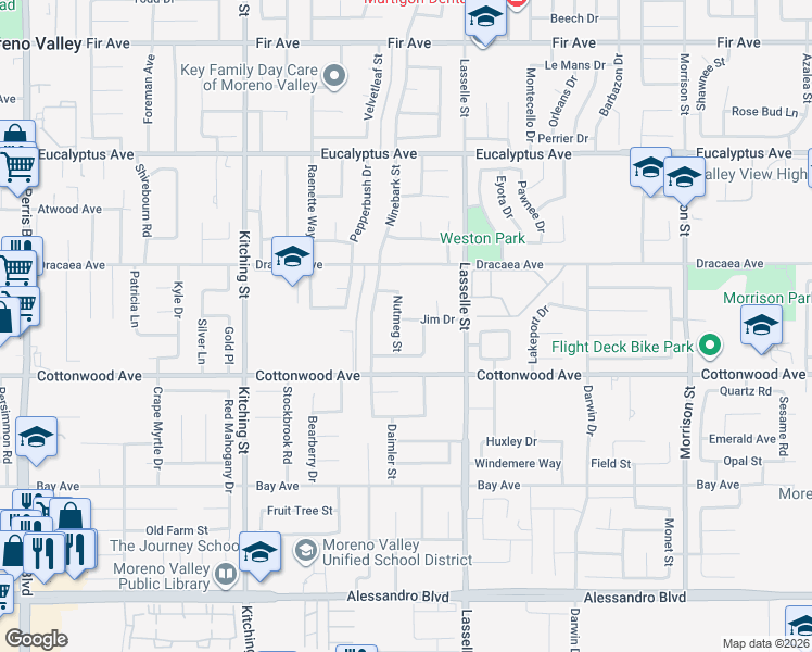 map of restaurants, bars, coffee shops, grocery stores, and more near 13434 Nutmeg Street in Moreno Valley