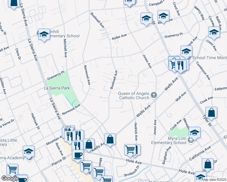 map of restaurants, bars, coffee shops, grocery stores, and more near 5071 Bushnell Avenue in Riverside