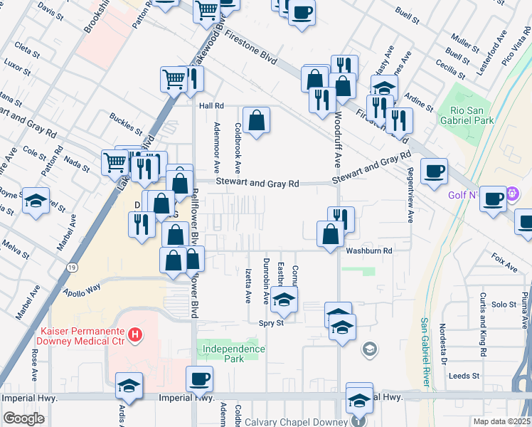 map of restaurants, bars, coffee shops, grocery stores, and more near 9445 Washburn Road in Downey